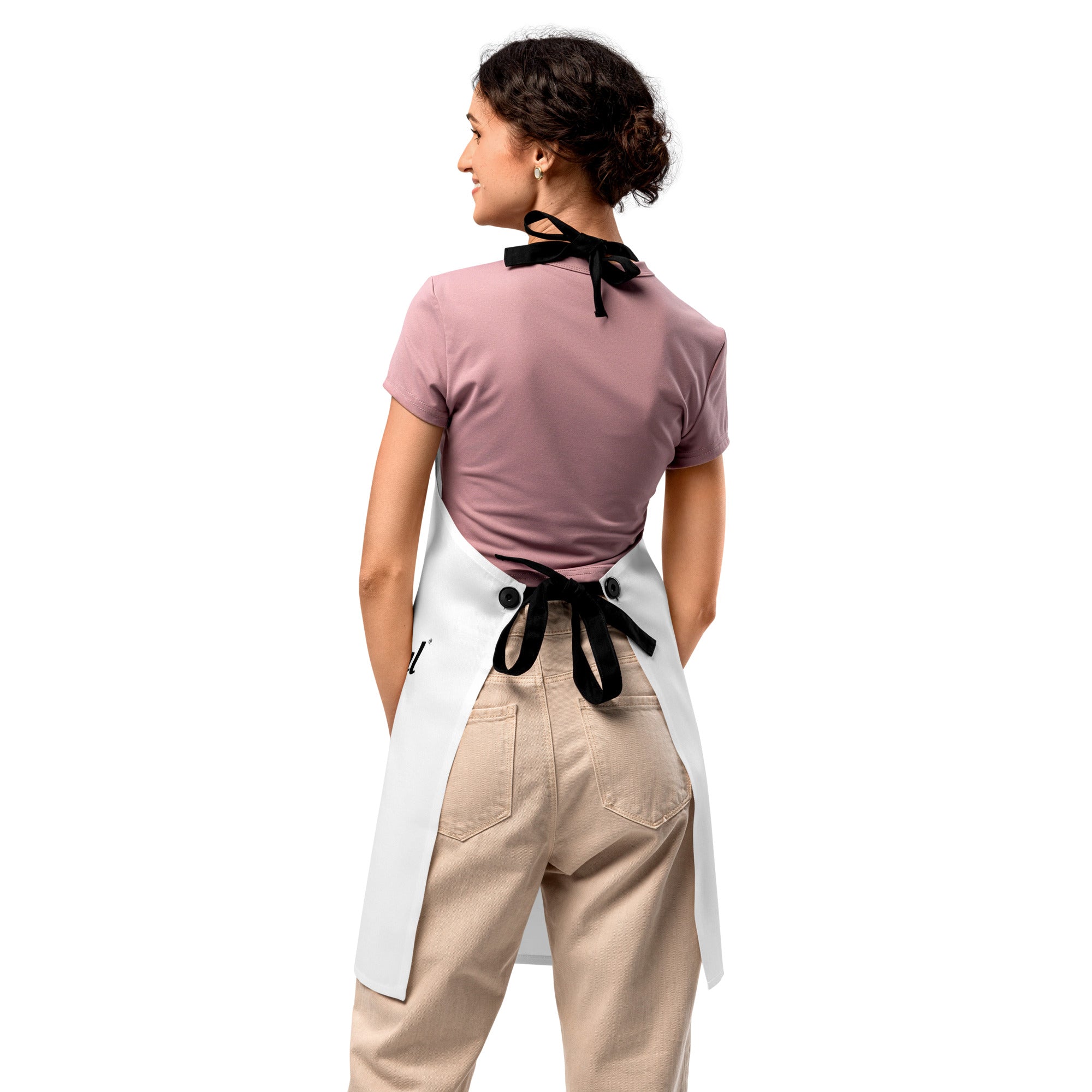 Blessed & Grateful® white apron with logo across chest, premium polyester — back view