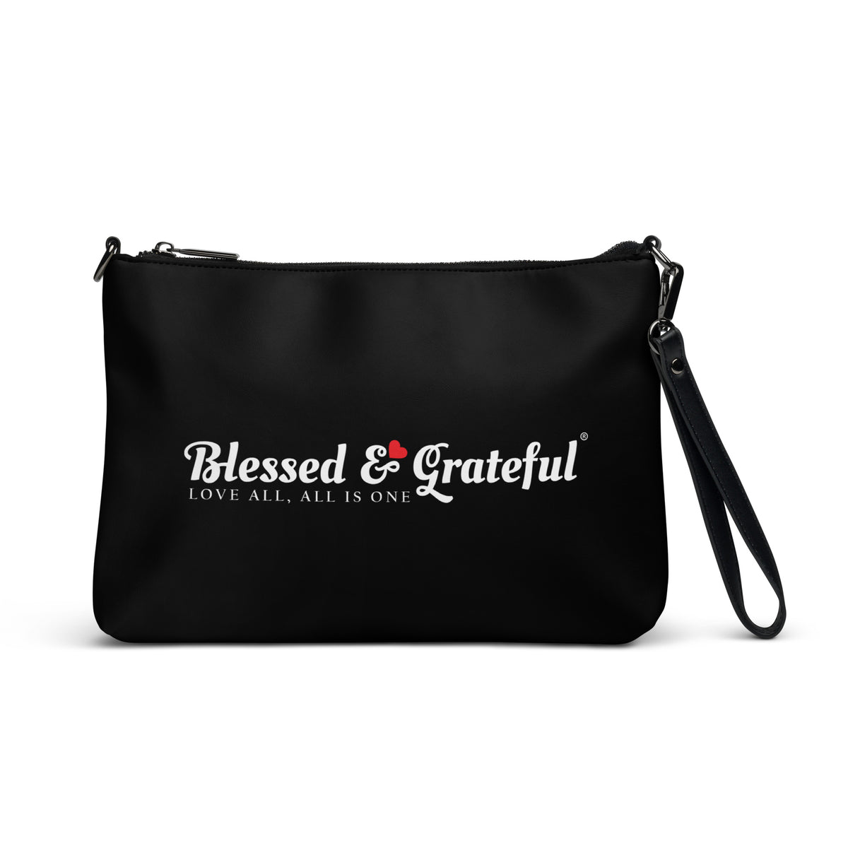 Blessed & Grateful® black faux-leather crossbody bag with white logo print, adjustable strap — front view