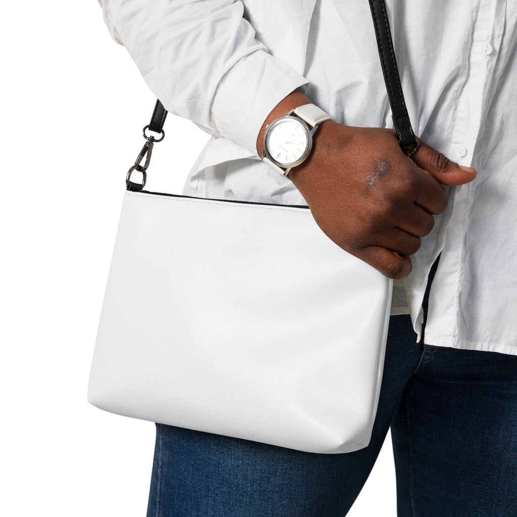 Blessed & Grateful® white faux-leather crossbody bag with logo print, adjustable strap — back view