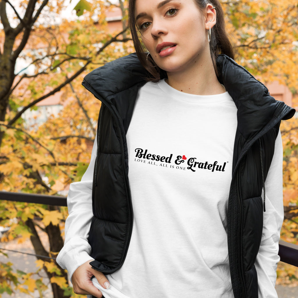 Blessed & Grateful® white unisex long-sleeve tee with logo across chest, Bella+Canvas 3501 — front view