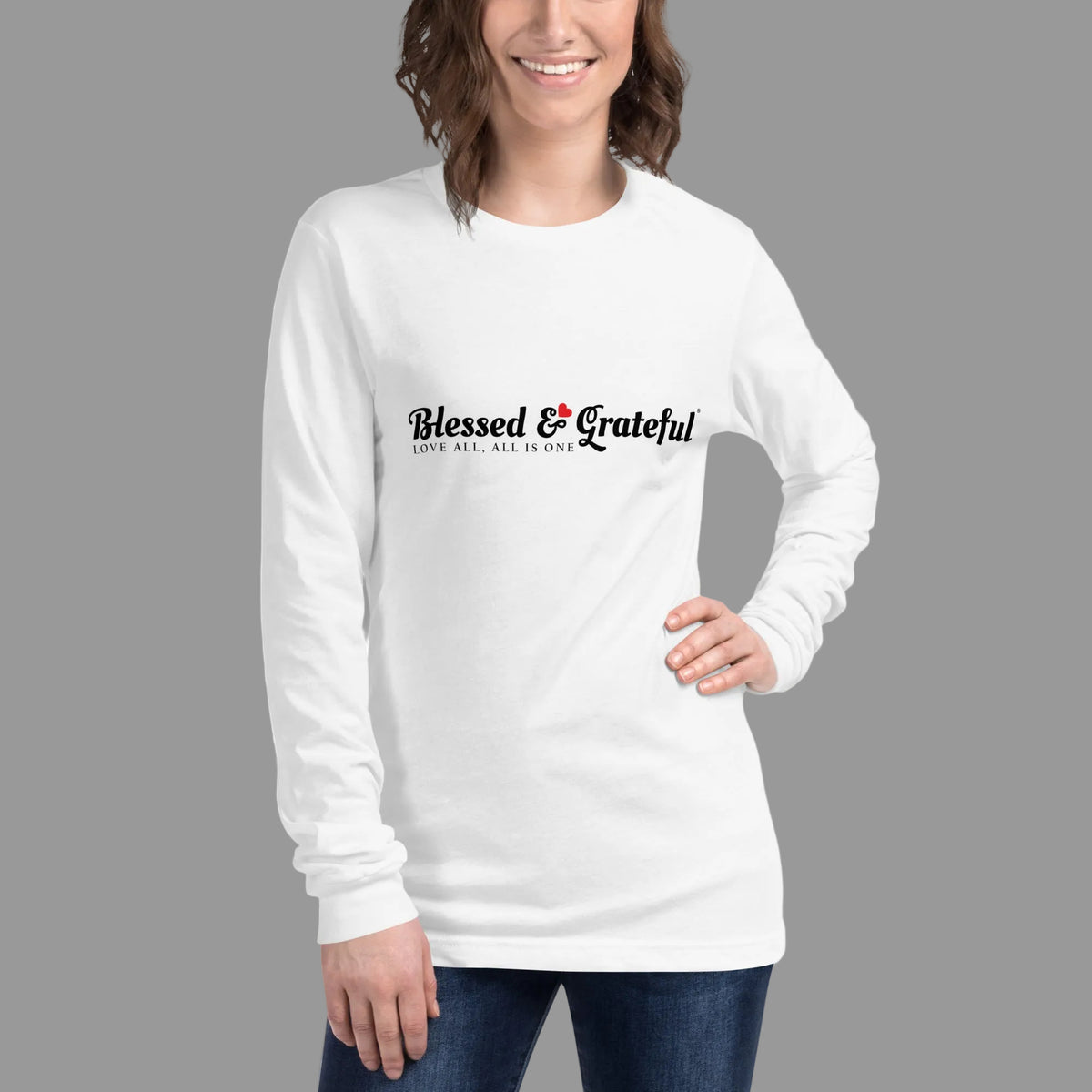 Blessed & Grateful® white unisex long-sleeve tee with logo across chest, Bella+Canvas 3501 — front view