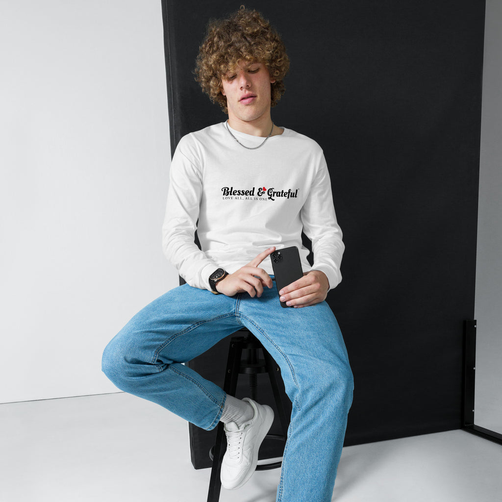 Blessed & Grateful® white unisex long-sleeve tee with logo across chest, Bella+Canvas 3501 — front view