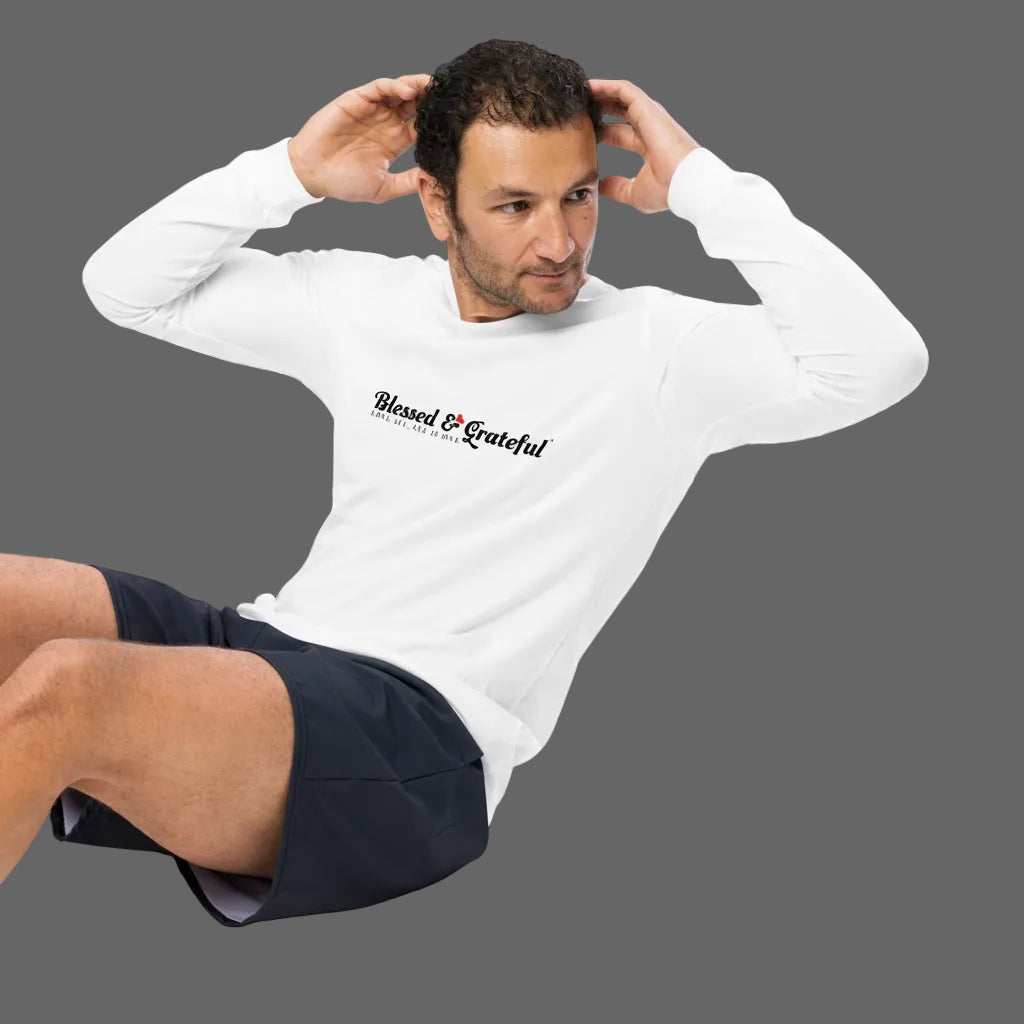 Blessed & Grateful® white unisex long-sleeve tee with logo across chest, Bella+Canvas 3501 — left side view