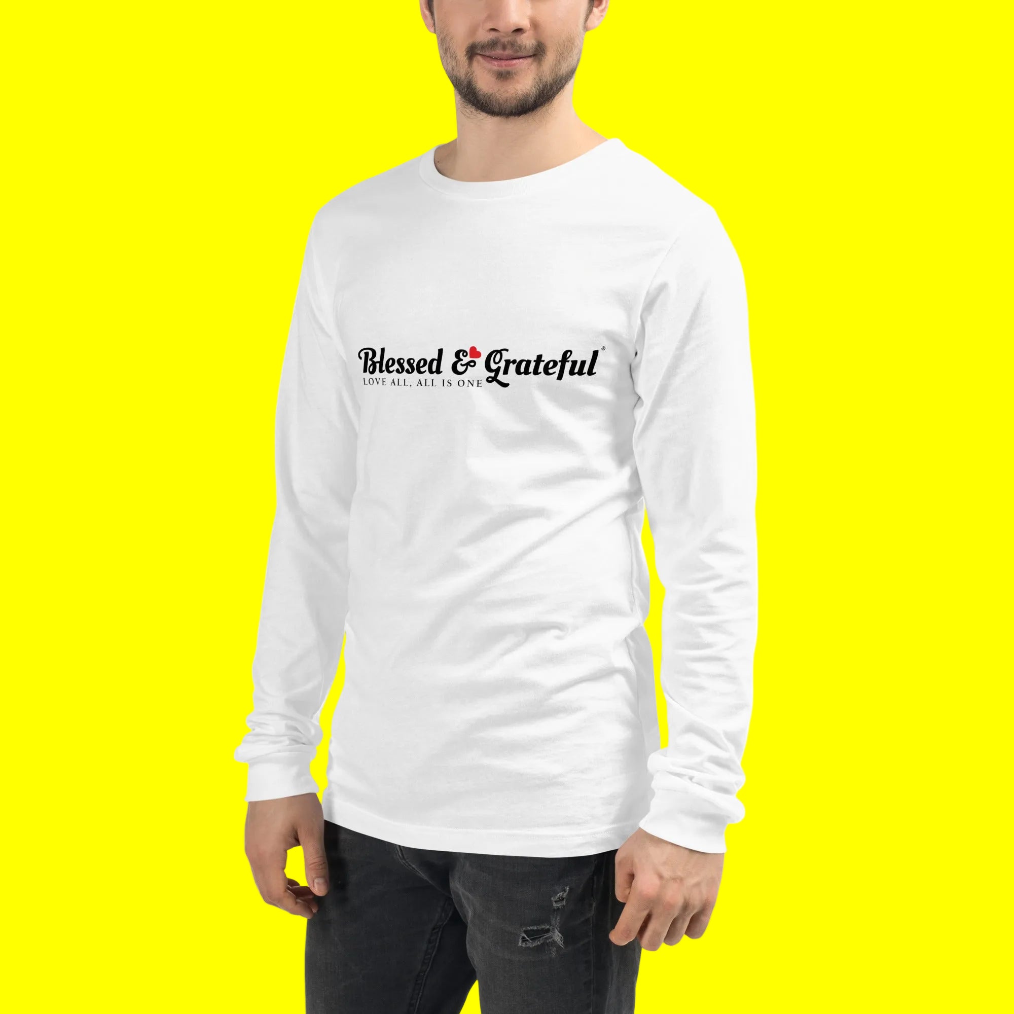 Blessed & Grateful® white unisex long-sleeve tee with logo across chest, Bella+Canvas 3501 — left side view