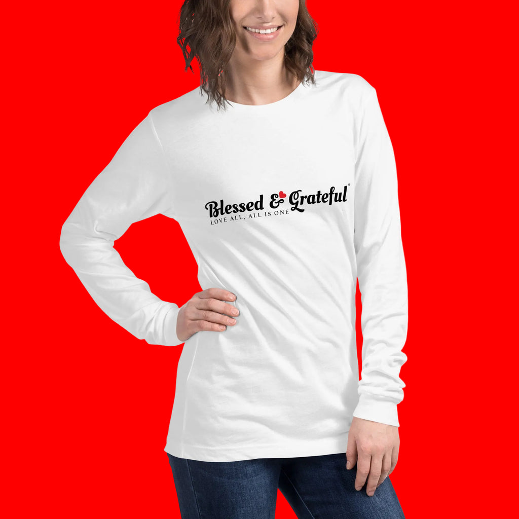 Blessed & Grateful® white unisex long-sleeve tee with logo across chest, Bella+Canvas 3501 — right side view