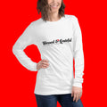 Blessed & Grateful® white unisex long-sleeve tee with logo across chest, Bella+Canvas 3501 — right side view