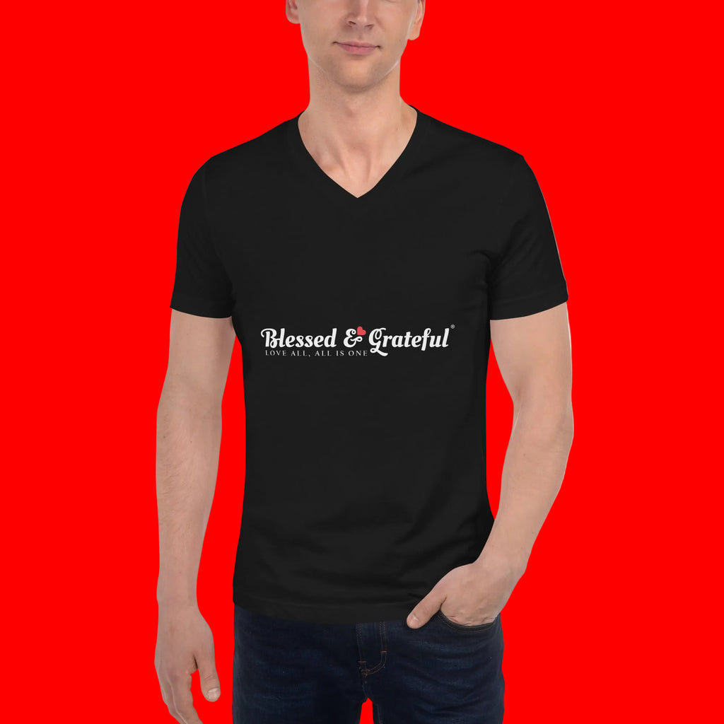 Blessed & Grateful® black unisex V-neck tee with white logo across chest, Bella+Canvas 3005 — front view