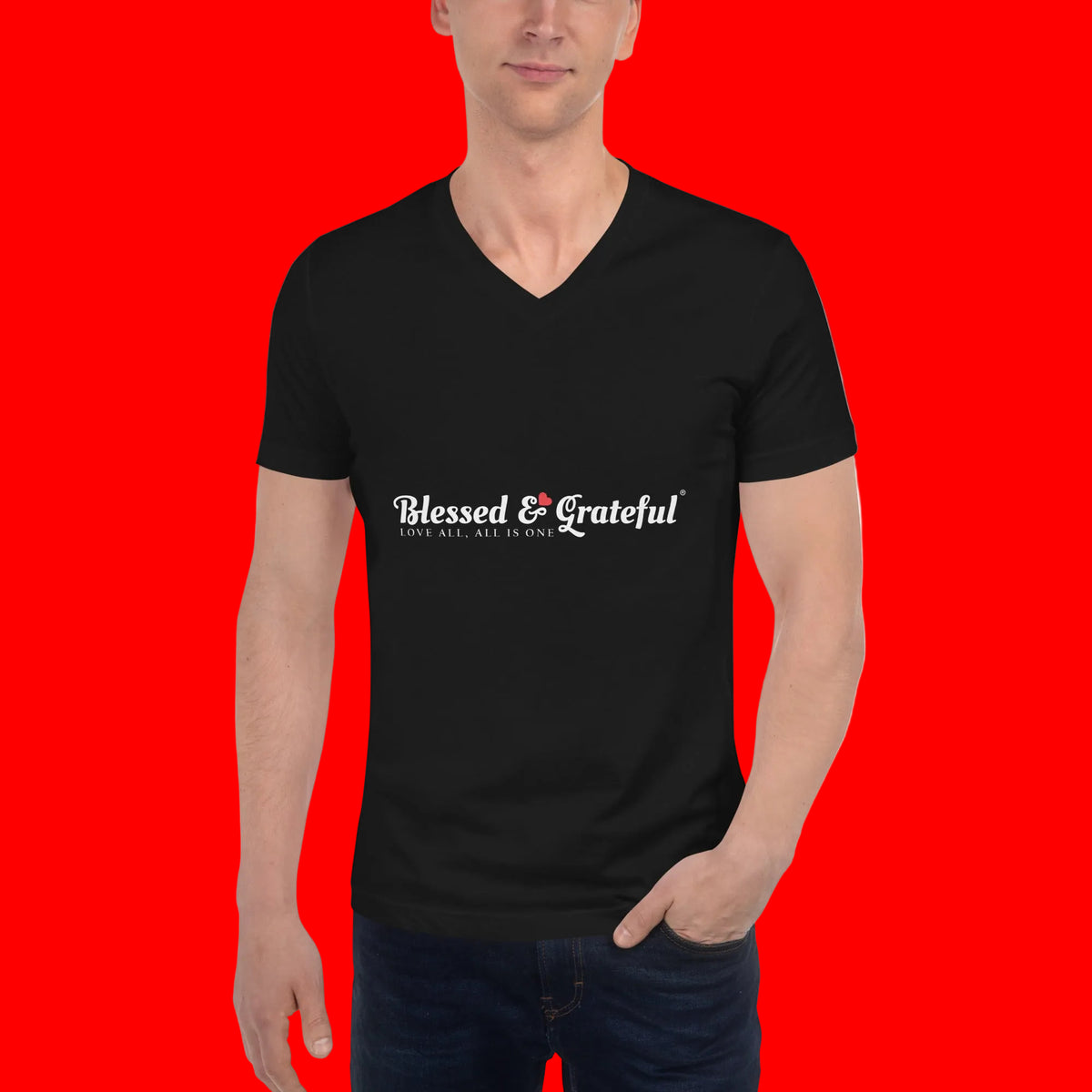 Blessed & Grateful® black unisex V-neck tee with white logo across chest, Bella+Canvas 3005 — front view
