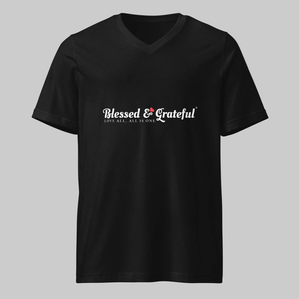 Blessed & Grateful® black unisex V-neck tee with white logo across chest, Bella+Canvas 3005 — front view