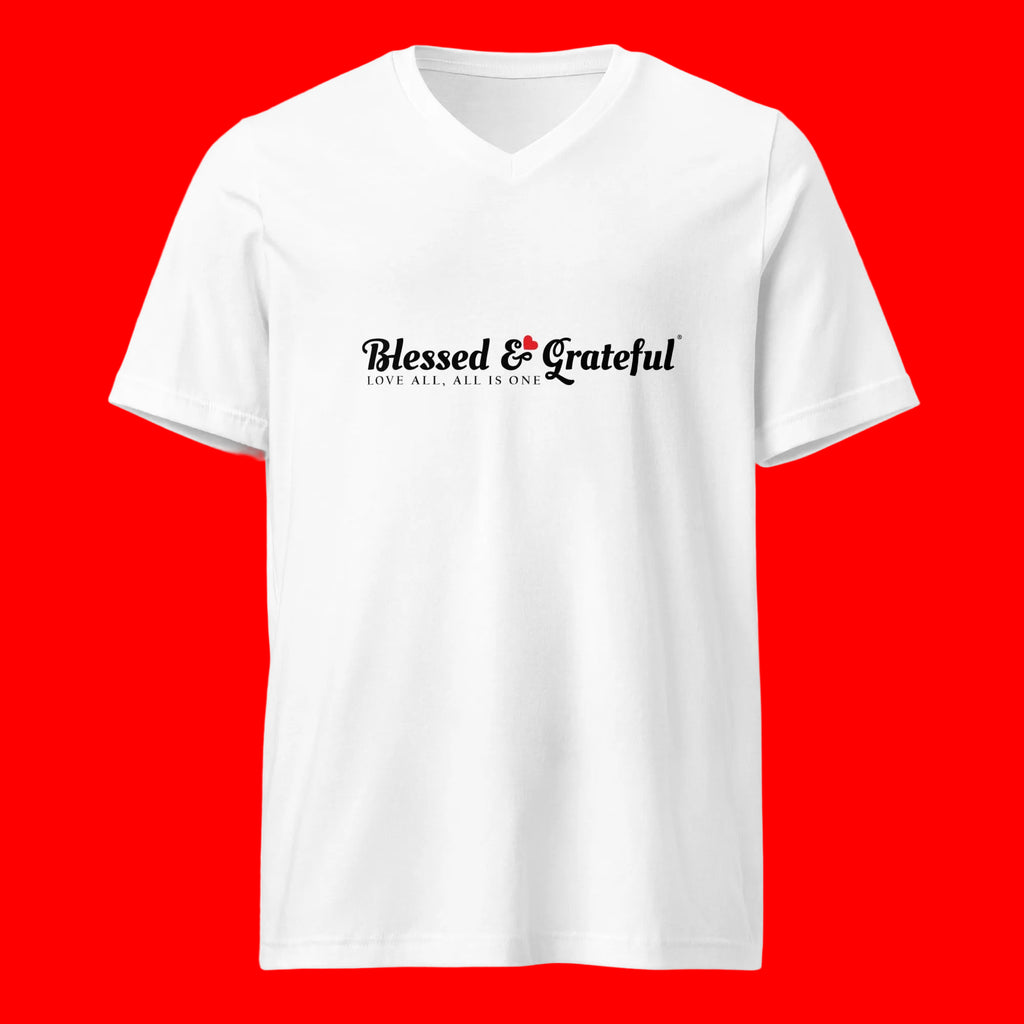 Blessed & Grateful® white unisex V-neck tee with logo across chest, Bella+Canvas 3005 — front view