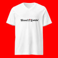 Blessed & Grateful® white unisex V-neck tee with logo across chest, Bella+Canvas 3005 — front view