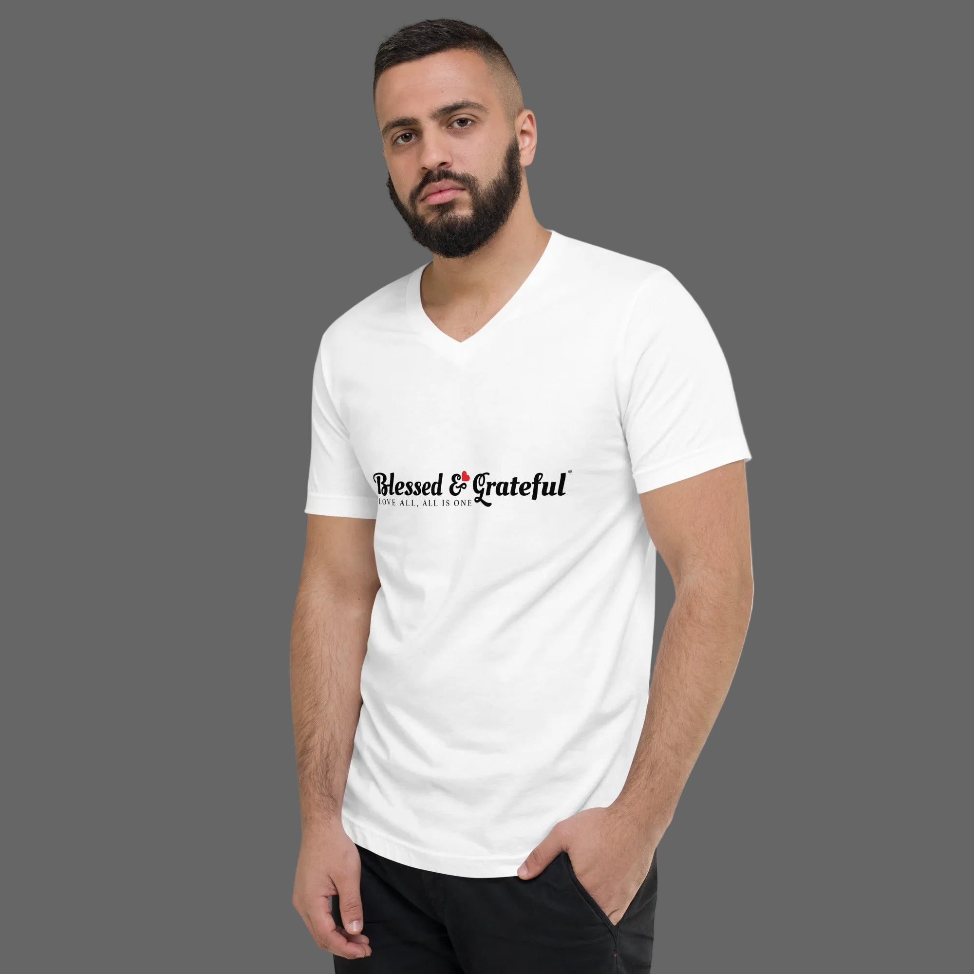 Blessed & Grateful® white unisex V-neck tee with logo across chest, Bella+Canvas 3005 — left side view