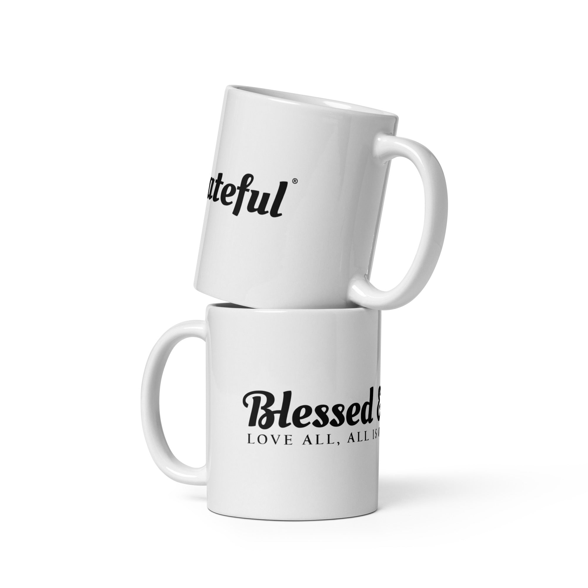 Blessed & Grateful® white ceramic mug with wrap-around logo — 11oz size, front view
