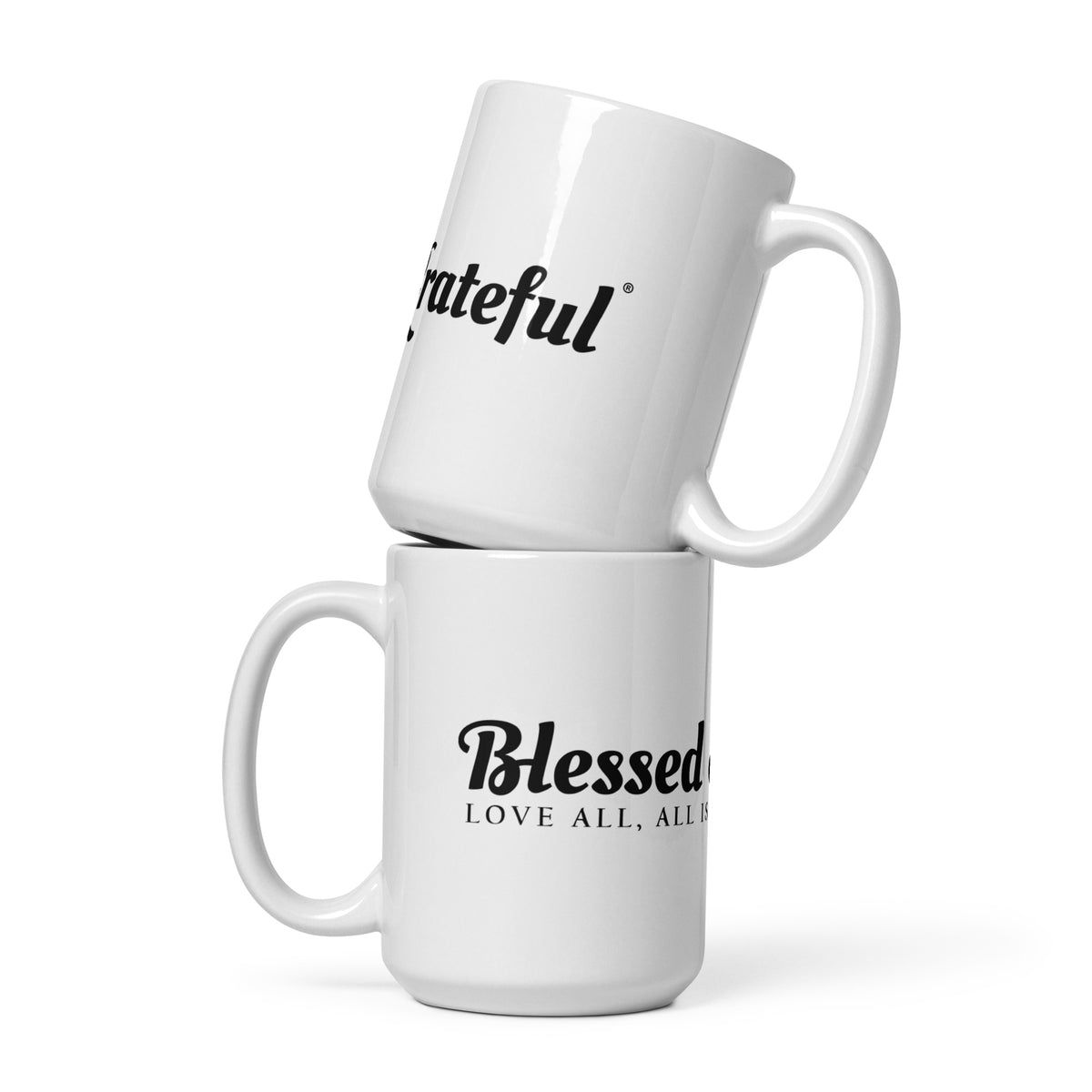 Blessed & Grateful® white ceramic mug with wrap-around logo — 15oz size, front view