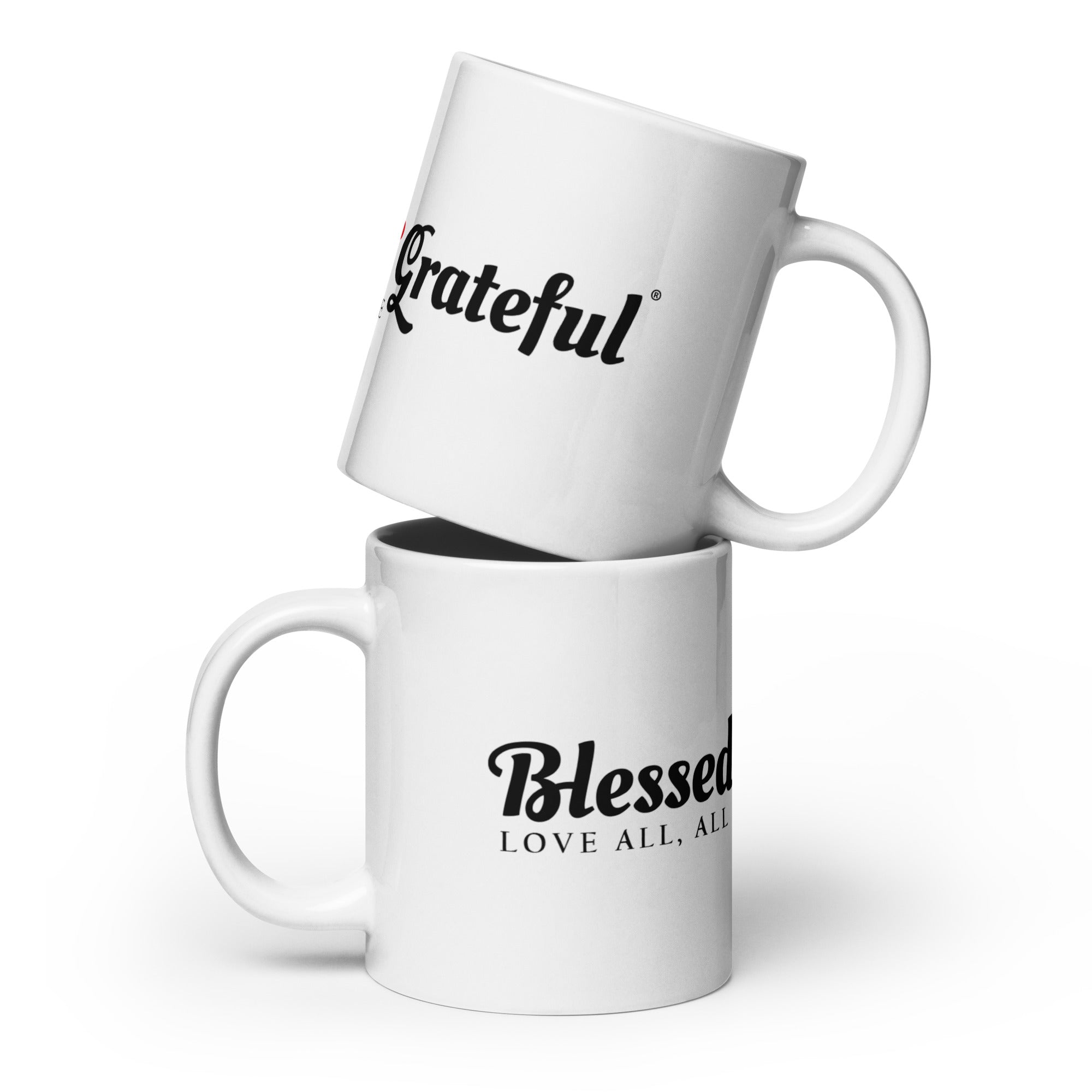 Blessed & Grateful® white ceramic mug with wrap-around logo — 20oz size, front view